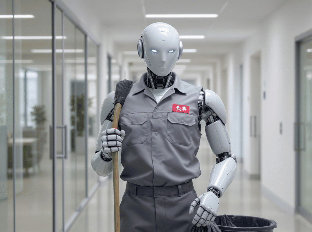 A humanoid robot dressed as a janitor holding a broom and trash bag in a modern office corridor, symbolizing automation and AI in cleaning and maintenance tasks.